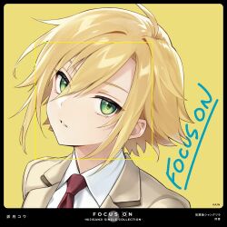 Rule 34 | 1boy, ahoge, album cover, album name, androgynous, artist name, black border, blonde hair, border, brown jacket, character name, collared shirt, commentary request, copyright name, copyright notice, cover, eyelashes, eyes visible through hair, facial recognition, green eyes, hair between eyes, highres, jacket, long bangs, looking at viewer, necktie, nijisanji, official art, parted lips, portrait, potti-p, red necktie, school uniform, shirt, short hair, sidelocks, solo, song name, swept bangs, uzuki kou, uzuki kou (3rd costume), virtual youtuber, white shirt, yellow background