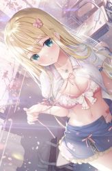 Rule 34 | 1girl, bag, blonde hair, blue skirt, blush, bow, bow bra, bra, breasts, classroom, cleavage, collarbone, collared shirt, desk, dutch angle, falling petals, frilled bra, frilled skirt, frills, green eyes, hair between eyes, hair bow, hanahanamaki, highres, inagaki minami, indoors, jewelry, large breasts, long hair, looking at viewer, midriff, miniskirt, navel, neck ribbon, necklace, open clothes, open shirt, panties, petals, pink bow, pink bra, pink ribbon, ribbon, school bag, see-through, shirt, short sleeves, side-tie panties, skirt, solo, sousouman, string panties, sunlight, swept bangs, twinbox school, underwear, very long hair, wet, wet clothes, wet shirt, window