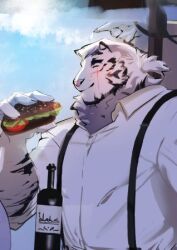 Rule 34 | 1boy, ^ ^, ai manato, alternate costume, animal ears, arknights, bara, blush, bottle, closed eyes, collared shirt, facial hair, food, from side, furry, furry male, goatee, holding, holding food, large hands, lowres, male focus, mountain (arknights), muscular, muscular male, pectorals, sandwich, scar, scar across eye, scar on arm, shirt, short hair, smile, solo, suspenders, thick eyebrows, tiger boy, tiger ears, upper body, white hair, wine bottle