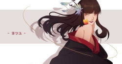 Rule 34 | 1girl, absurdres, alternate eye color, bat hair ornament, black hair, black kimono, breasts, bug, butterfly, butterfly on shoulder, calla10, character name, detached collar, drop shadow, epiphyllum, eyelashes, eyeliner, final fantasy, final fantasy xiv, flower, grey background, hair flower, hair ornament, high collar, highres, hime cut, insect, japanese clothes, kanzashi, kimono, laughing, lips, lipstick, long hair, looking back, makeup, mole, mole under mouth, off shoulder, open mouth, orange eyes, sideboob, sidelocks, simple background, smirk, solo, tassel, tsurime, upper body, white background, yotsuyu goe brutus, yuujo