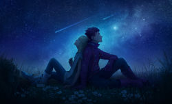 Rule 34 | 2boys, back-to-back, blonde hair, boots, brown hair, flower, grass, highres, kazuko (towa), leaning on person, lloyd irving, looking up, mithos yggdrasill, multiple boys, night, night sky, on ground, shooting star, sitting, sky, star (sky), starry sky, tales of (series), tales of symphonia