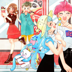Rule 34 | + +, 1boy, 3girls, :d, aged up, alternate hairstyle, aqua hair, arm grab, black footwear, black pants, black shirt, black skirt, blue shirt, braid, brown hair, casual, closed eyes, commentary, day, delicious party precure, food, fuwa (precure), hagoromo lala, hair down, hair rings, hanamichi ran, hand on another&#039;s shoulder, hat, highres, holding, holding food, hoshina hikaru, in-franchise crossover, looking at another, medium skirt, multiple girls, open mouth, outdoors, pants, parfait, pleated skirt, polo shirt, precure, print shirt, prunce (precure), red eyes, red hair, red skirt, shirt, shoes, short sleeves, shorts, skirt, sleeveless, sleeveless shirt, smile, standing, standing on one leg, star twinkle precure, sun hat, sweatdrop, t-shirt, takagi shinpei, ton (ton39342104), turtleneck, twin braids, white headwear, yellow shorts