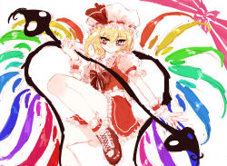 Rule 34 | 1girl, :q, alternate wings, blonde hair, colorful, cross-laced footwear, female focus, flandre scarlet, hat, laevatein, looking at viewer, mob cap, red eyes, smile, solo, tongue, tongue out, touhou, tsurime, tsurui, wings, wrist cuffs