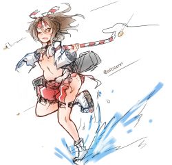 Rule 34 | 10s, 1girl, arceonn, brown hair, fleeing, headband, kantai collection, one eye closed, red eyes, simple background, sketch, skirt, socks, solo, torn clothes, torn skirt, walking, walking on liquid, zuihou (kancolle)