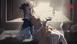 Rule 34 | 1girl, absurdres, alcohol, backlighting, black eyes, black hair, bowl, chinese clothes, dated, dress, facial mark, feet out of frame, forehead mark, from side, green sleeves, grin, hair branch, hair bun, hand up, hanfu, highres, holding, holding bowl, jewelry, jiu niangzi, liquor, long hair, long sleeves, looking at viewer, necklace, off shoulder, open door, red dress, reverse:1999, short dress, single side bun, sitting, smile, solo, statuette, wide sleeves, yan jing tian