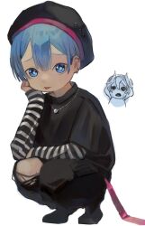 Rule 34 | 1boy, 1girl, black headwear, black pants, black shirt, blue eyes, blue hair, chibi, child, contemporary, ear piercing, hat, highres, jewelry, jirai kei, layered sleeves, long sleeves, looking at viewer, made in abyss, maruruk, necklace, nishin8aipai, ozen, pants, piercing, shirt, short over long sleeves, short sleeves, simple background, solo focus, squatting, tongue, tongue out, torn clothes, torn pants, trap, white background