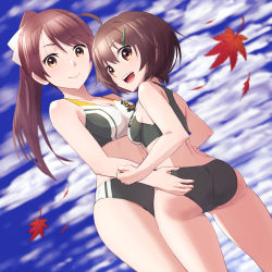 Rule 34 | 2girls, absurdres, ass, bikini, blush, brave witches, breasts, brown eyes, brown hair, closed mouth, hair ribbon, hasegawa (hase popopo), highres, hug, karibuchi hikari, karibuchi takami, leaf, long hair, looking at viewer, looking back, multiple girls, navel, open mouth, ponytail, ribbon, short hair, siblings, sisters, sky, small breasts, smile, swimsuit, world witches series