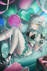 Rule 34 | 1girl, absurdres, animal ears, balloon, black bra, blush, bra, breasts, cat ears, cat tail, couch, dress, food, frilled dress, frills, garter straps, green hair, hairband, heart balloon, highres, holding, holding spoon, ice cream, kawachi rin, lolita fashion, lolita hairband, long hair, looking at viewer, on couch, open clothes, original, parfait, small breasts, solo, spoon, tail, thighhighs, underwear, white thighhighs, wrist cuffs, yellow eyes