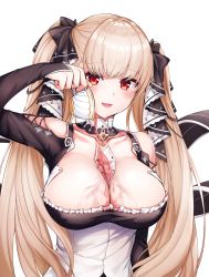 Rule 34 | 1girl, azur lane, benedia, between breasts, black ribbon, blush, bow, breasts, brown hair, cleavage, collarbone, cup, detached collar, dress, flight deck, formidable (azur lane), frilled dress, frills, hair bow, hair ribbon, highres, holding, holding cup, large breasts, long hair, long sleeves, looking at viewer, open mouth, pouring, red eyes, ribbon, simple background, smile, solo, tea, teacup, twintails, two-tone dress, two-tone ribbon, upper body, very long hair, white background, white dress, white ribbon