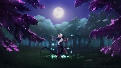 Rule 34 | 1girl, barefoot, forest, full moon, highres, horns, long hair, looking at viewer, looking back, moon, nature, night, open mouth, original, outdoors, paintrfiend, patreon username, pointy ears, ponytail, red eyes, solo, standing, standing on one leg, tail, watermark, web address, white hair, wide sleeves
