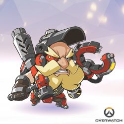 Rule 34 | 1boy, artist request, beard, blonde hair, chibi, clenched teeth, copyright name, eyepatch, facial hair, full body, gloves, hammer, lowres, male focus, mask, mask on head, official art, overwatch, overwatch 1, solo, teeth, torbjorn (overwatch), welding mask