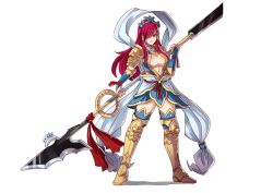 Rule 34 | 1girl, armor, breasts, cleavage, erza scarlet, fairy tail, gzei, halberd, large breasts, long hair, polearm, red hair, ribbon, tagme, thighhighs, weapon