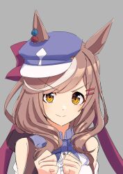 Rule 34 | 1girl, absurdres, animal ears, bare shoulders, blue hat, bow, brown hair, cabbie hat, clenched hands, closed mouth, collared dress, commentary request, detached sleeves, dress, ear piercing, ears through headwear, grey hair, hair bow, hair ornament, hairclip, hat, highres, horse ears, horse girl, long sleeves, matikane tannhauser (umamusume), multicolored hair, piercing, senchan 7, simple background, solo, streaked hair, umamusume, upper body, v-shaped eyebrows, white hair, yellow eyes