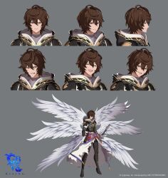 Rule 34 | 3d, ahoge, angry, armor, belt, bishounen, black panties, boots, breastplate, brown hair, cape, character sheet, clenched teeth, closed eyes, commentary, commentary request, company name, expressionless, expressions, feathered wings, fingerless gloves, full body, gloves, granblue fantasy, granblue fantasy versus: rising, grey background, hair between eyes, happy, head tilt, high heel boots, high heels, highres, hood, hood down, logo, male focus, messy hair, multiple views, official art, panties, pants, red eyes, sandalphon (granblue fantasy), scabbard, sheath, smile, sword, teeth, tight clothes, tight pants, turtleneck, underwear, upper teeth only, weapon, white cape, white wings, wings
