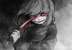 Rule 34 | artist request, blood, chara (undertale), knife, looking at viewer, monochrome, red eyes, tagme, undertale