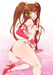 Rule 34 | 1girl, ass, bakukadan, bare shoulders, bikini, breasts, bridal gauntlets, brown hair, butt crack, covered erect nipples, elbow gloves, female focus, fingernails, from behind, gloves, gradient background, hair ornament, high heels, highres, huge ass, long fingernails, long hair, long twintails, looking at viewer, looking back, lowleg, lowleg bikini, medium breasts, micro bikini, open mouth, original, red bikini, red gloves, shiny skin, shoes, sideboob, simple background, skindentation, small breasts, solo, string bikini, swimsuit, teeth, thong, thong bikini, tongue, twintails, underboob, wrist cuffs, yellow eyes