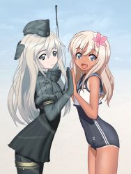 Rule 34 | 10s, 2girls, blonde hair, blue eyes, dual persona, flower, grey eyes, hair flower, hair ornament, hat, hinomoto (hinomoto6go), holding hands, kantai collection, looking at viewer, multiple girls, open mouth, palms together, ro-500 (kancolle), smile, swimsuit, swimsuit under clothes, tan, u-511 (kancolle), white hair