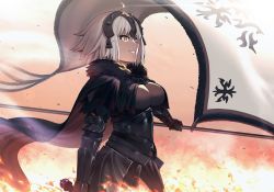 Rule 34 | 1girl, 9nojo, ahoge, armor, armored dress, black cape, blush, breasts, cape, cleavage, commentary request, fate/grand order, fate (series), fire, flag, from side, fur-trimmed cape, fur collar, fur trim, headpiece, holding, holding flag, jeanne d&#039;arc (fate), jeanne d&#039;arc alter (avenger) (fate), jeanne d&#039;arc alter (fate), large breasts, looking at viewer, red cape, short hair, silver hair, smile, solo, yellow eyes
