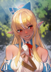 Rule 34 | 1girl, bare shoulders, blonde hair, blue bow, blurry, blurry background, bow, breasts, commentary, dark-skinned female, dark skin, elf, gloves, grin, hair between eyes, hair bow, highres, hololive, index finger raised, large breasts, light blush, looking to the side, multicolored hair, pointy ears, red eyes, shiranui flare, shiranui flare (1st costume), smile, solo, streaked hair, takami masahiro, two-tone hair, upper body, virtual youtuber, white gloves, white hair, wide sleeves