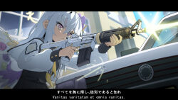 Rule 34 | 1girl, :&lt;, absurdres, angel wings, artist name, ascot, assault rifle, azusa (blue archive), black dress, blue archive, building, car, chinese commentary, closed mouth, commentary request, concentrating, cropped jacket, crossed bangs, dated, day, dress, feathered wings, firing, flower, grey hair, gun, hair between eyes, hair flower, hair ornament, halo, highres, jacket, latin text, letterboxed, long hair, long sleeves, midsummerw, mixed-language text, motor vehicle, outdoors, purple eyes, rifle, solo, upper body, weapon, white jacket, white wings, wing decorations, wings, yellow ascot