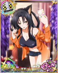 Rule 34 | 1girl, :3, animal ears, bishop (chess), black hair, breasts, card (medium), cat ears, cat tail, cellphone, character name, chess piece, cleavage, crop top, fang, hair rings, hairband, high school dxd, high school dxd born, holding, holding phone, jacket, kuroka (high school dxd), large breasts, lipstick, long hair, makeup, midriff, multiple tails, navel, official art, open mouth, paw pose, phone, purple lips, selfie, shorts, slit pupils, smartphone, smile, solo, standing, tail, trading card, yellow eyes