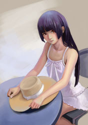 Rule 34 | 1girl, absurdres, bare shoulders, black hair, breasts, brown background, brown eyes, chair, collarbone, dress, expressionless, gokou ruri, goldengear870, hand on headwear, hat, unworn hat, unworn headwear, highres, hime cut, lips, long hair, looking at viewer, nose, ore no imouto ga konna ni kawaii wake ga nai, realistic, sitting, sleeveless, small breasts, solo, straw hat, sundress, table, upper body, white dress