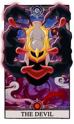 abstract_background absurdres border card_(medium) carrotzmoonman commentary commentary_request creatures_(company) english_commentary english_text full_body game_freak gen_4_pokemon giratina highres legendary_pokemon looking_at_viewer nintendo no_humans pokemon pokemon_(creature) red_eyes roman_numeral screenshot_background solo tarot tarot_(medium) the_devil_(tarot) white_border