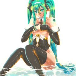Rule 34 | 00s, 1girl, alternate costume, aqua eyes, aqua hair, aqua nails, bottomless, bow, breasts, corset, covering privates, covering breasts, detached sleeves, hatsune miku, long hair, medium breasts, nail polish, no bra, no panties, solo, thighhighs, topless, twintails, very long hair, vocaloid, water, wet, yoshimoto (dear life)