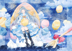 Rule 34 | 1girl, absurdres, balloon, black footwear, blue background, blue dress, blue hair, blue sailor collar, blue sky, blue socks, boots, border, bow, bowtie, closed eyes, cloud, cloudy sky, cocoroppy, commentary, crown, dress, easter, easter egg, egg, facing viewer, frilled dress, frilled sleeves, frills, full moon, hair ears, highres, holding, kneehighs, light blush, long hair, long sleeves, mini crown, moon, orange bow, orange bowtie, original, rabbit, red bow, sailor collar, sailor dress, sitting, sky, smile, socks, solo, spoon, star (sky), starry sky, surreal, very long hair, water, white sleeves