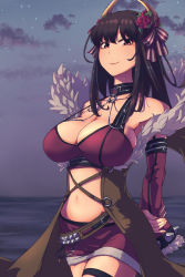 Rule 34 | 1girl, absurdres, black hair, bow, breasts, brown coat, cape, cleavage, closed mouth, cloud, coat, commentary request, cowboy shot, detached sleeves, dusk, flower, fur-trimmed skirt, fur-trimmed sleeves, fur cape, fur trim, hair bow, hair flower, hair ornament, highres, horns, large breasts, long hair, looking at viewer, midriff, navel, official alternate costume, ragnarok online, red bow, red eyes, red flower, red skirt, red sleeves, red sports bra, rose, saishichi, shadow chaser (ragnarok online), skirt, sky, smile, solo, sports bra, star (sky), starry sky, striped, striped bow, thigh strap, white bow