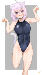 Rule 34 | 1girl, :d, animal ear fluff, animal ears, black choker, blue one-piece swimsuit, breasts, c@rbon, cat ears, cat tail, choker, competition swimsuit, covered navel, gluteal fold, grey background, highres, hololive, large breasts, looking at viewer, medium breasts, nekomata okayu, one-piece swimsuit, open mouth, paw pose, purple eyes, purple hair, short hair, smile, solo, standing, standing on one leg, swimsuit, tail, thighs, two-tone background, virtual youtuber, white background