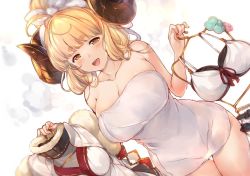 Rule 34 | 1girl, anila (granblue fantasy), antenna hair, bare shoulders, bikini, blonde hair, blunt bangs, breasts, cleavage, clothes hanger, collarbone, commentary request, cowboy shot, draph, dutch angle, granblue fantasy, groin, horns, large breasts, long hair, looking at viewer, mayusaki yuu, naked towel, open mouth, sheep horns, short eyebrows, simple background, smile, solo, steam, swimsuit, towel, towel on head, white background, yellow eyes