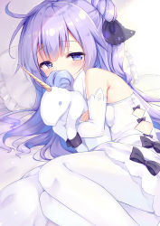 Rule 34 | 1girl, absurdres, ahoge, azur lane, black bow, black ribbon, blush, bow, commentary request, covered mouth, detached sleeves, dress, frilled pillow, frills, hair bun, hair ribbon, highres, long hair, long sleeves, looking at viewer, lying, natsuki marina, hugging object, on side, one side up, pantyhose, pillow, purple eyes, purple hair, ribbon, side bun, single hair bun, single side bun, sleeves past wrists, solo, stuffed animal, stuffed pegasus, stuffed toy, stuffed unicorn, stuffed winged unicorn, unicorn (azur lane), very long hair, white dress, white pantyhose