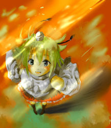 Rule 34 | 1girl, :d, animal ears, bad id, bad pixiv id, black thighhighs, blonde hair, detached sleeves, female focus, foreshortening, from above, green hair, inubashiri momiji, long sleeves, looking at viewer, looking up, open mouth, pleated skirt, red skirt, short hair, skirt, smile, solo, standing, thighhighs, touhou, wolf ears, yae (mono110), zettai ryouiki