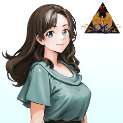 Rule 34 | 1girl, ancient ys vanished, blue eyes, breasts, brown hair, closed mouth, copyright name, highres, lilia (ys), logo, long hair, looking at viewer, medium breasts, minamoto80486, ringed eyes, short sleeves, simple background, smile, solo, upper body, white background, ys