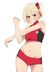 Rule 34 | 1girl, black sports bra, blonde hair, breasts, buruma, commentary request, grin, hair ribbon, highres, lycoris recoil, medium breasts, navel, nishikigi chisato, red buruma, red eyes, red ribbon, red sports bra, ribbon, sakura 1110ssmm, short hair, smile, solo, sports bra, stretching, two-tone sports bra, white background