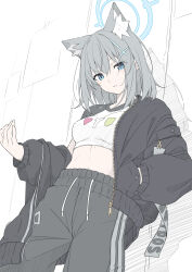 Rule 34 | 1boy, 1girl, against wall, alternate costume, animal ear fluff, animal ears, black jacket, blue archive, blue eyes, blue halo, breasts, bright pupils, cross hair ornament, grey hair, hair ornament, halo, hand in pocket, highres, jacket, looking at viewer, masabodo, medium breasts, mismatched pupils, open clothes, open jacket, shiroko (blue archive), shirt, white pupils, white shirt