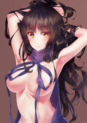 Rule 34 | 1girl, absurdres, areola slip, armpits, arms up, artist name, backless dress, backless outfit, black hair, blush, breasts, brown background, brown eyes, cleavage, closed mouth, drawstring, dress, girls&#039; frontline, halterneck, hands in hair, highres, large breasts, long hair, looking at viewer, meme attire, naked sweater, nishiro ryoujin, ribbed sweater, simple background, smile, solo, sweater, sweater dress, turtleneck, turtleneck sweater, type 95 (girls&#039; frontline), upper body, virgin killer sweater, wardrobe error, watermark, wavy hair