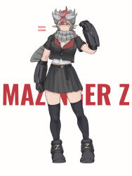 Rule 34 | 1girl, black jacket, blush, character name, chinese commentary, clenched hands, copyright name, grey scarf, highres, jacket, jinri shijie, mazinger (series), mazinger z, mazinger z (mecha), mecha musume, multicolored hair, personification, red hair, scarf, shirt, smile, solo, streaked hair, thighhighs, white background, white hair, white shirt, yellow eyes
