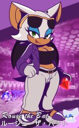 Rule 34 | 1girl, absurdres, belly, breasts, chaos emerald, crop top, curvy, eyewear on head, furry, furry female, highres, large breasts, lipstick, makeup, muffin top, pants, purple shirt, rouge the bat, shirt, solo, sonic (series), sunglasses, the murder of sonic the hedgehog, thick thighs, thighs, white pants, wings
