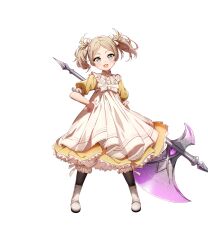 Rule 34 | 1girl, aged down, axe, blonde hair, bloomers, bloomers (victorian), dress, fire emblem, fire emblem awakening, fire emblem heroes, frilled dress, frills, green eyes, hair ribbon, hand on own hip, highres, holding, holding axe, lissa (child) (fire emblem), lissa (fire emblem), looking at viewer, nintendo, non-web source, ribbon, smile, solo, tachi-e, twintails, underwear, white footwear, yellow dress