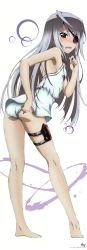 Rule 34 | 10s, 1girl, absurdres, adjusting clothes, adjusting swimsuit, ahoge, ass, barefoot, blush, casual one-piece swimsuit, d:, eyepatch, feet, full-face blush, full body, grey hair, highres, holster, infinite stratos, kurashima tomoyasu, laura bodewig, looking back, official art, one-piece swimsuit, open mouth, red eyes, standing, swimsuit, thigh holster