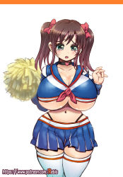 Rule 34 | 1girl, blush, bow, breasts, brown hair, cheerleader, choker, cleavage, crying, crying with eyes open, curvy, female focus, green eyes, hair bow, heart, highleg, highleg panties, huge breasts, long hair, midriff, narrow waist, navel, no bra, original, panties, pom pom (cheerleading), rebis, short twintails, simple background, skindentation, skirt, solo, tears, thick thighs, thighhighs, thighs, twintails, underboob, undersized clothes, underwear, white thighhighs, wide hips