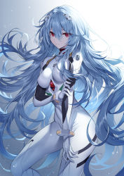 Rule 34 | 1girl, alternate hair length, alternate hairstyle, ayanami rei, blue hair, bodysuit, breasts, closed mouth, curvy, evangelion: 3.0+1.0 thrice upon a time, feet out of frame, gloves, gradient background, grey background, hair between eyes, hair ornament, hand on own arm, heirou, long hair, looking at viewer, medium breasts, neon genesis evangelion, plugsuit, rebuild of evangelion, red eyes, skin tight, solo, standing, very long hair, white bodysuit, white gloves