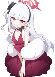 Rule 34 | 1girl, absurdres, black hairband, blue archive, breasts, collarbone, cowboy shot, dress, earrings, grey hair, hairband, halo, highres, jewelry, long hair, looking at viewer, mutsuki (blue archive), mutsuki (dress) (blue archive), official alternate costume, pointy ears, red dress, red eyes, red halo, simple background, sleeveless, sleeveless dress, small breasts, smile, solo, white background, white fur, white hair, yuku~