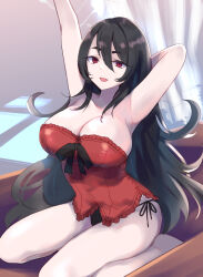 Rule 34 | 1girl, :d, arm behind head, arm up, armpits, bare arms, bare legs, bare shoulders, barefoot, black hair, black panties, breasts, cleavage, fang, gucchiann, hair between eyes, highres, illya (princess connect!), indoors, large breasts, long hair, looking at viewer, open mouth, panties, princess connect!, red eyes, seiza, side-tie panties, sitting, smile, solo, strapless, stretching, underwear, very long hair