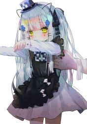Rule 34 | 1girl, aged down, alternate costume, apron, bad id, bad twitter id, black apron, bow, bowtie, commentary request, dress, facial mark, girls&#039; frontline, green eyes, hair ornament, hair ribbon, hairband, hanato (seonoaiko), hat, highres, hk416 (black kitty&#039;s gift) (girls&#039; frontline), hk416 (girls&#039; frontline), long hair, long sleeves, looking at viewer, mini hat, official alternate costume, ribbon, silver hair, simple background, twitter username, white background, white dress