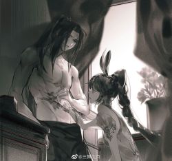 Rule 34 | 1boy, 1girl, animal ears, blood, braid, braided ponytail, curtains, douluo dalu, dress, flower, highres, looking down, plant, potted plant, rabbit ears, sad, san wu zhuye, table, tang san, topless male, window, wiping, xiao wu (douluo dalu)