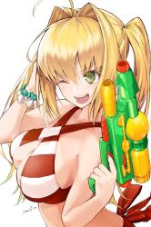 Rule 34 | 1girl, ahoge, bad id, bad pixiv id, bare arms, bare shoulders, bikini, blonde hair, blush, bracelet, breasts, cleavage, fate/grand order, fate (series), green eyes, hair intakes, halterneck, holding, holding water gun, jewelry, large breasts, long hair, nero claudius (fate), nero claudius (fate) (all), nero claudius (swimsuit caster) (fate), one eye closed, open mouth, ponytail, red bikini, red ribbon, ribbon, side-tie bikini bottom, sideboob, signature, simple background, smile, solo, striped bikini, striped clothes, swimsuit, twintails, utayoi (umakatare), water gun, white background, white bikini