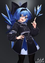 Rule 34 | 1girl, absurdres, alternate costume, belt, black belt, black bow, black hairband, black jacket, black pantyhose, blue eyes, blue hair, blue skirt, bow, cirno, collared shirt, cowboy shot, cryokinesis, hair bow, hair intakes, hair ornament, hairband, hairclip, hand on own hip, hand up, highres, ice, jacket, long sleeves, mechanical wings, open mouth, pantyhose, qwas69, shirt, skirt, smile, solo, touhou, uniform, white shirt, wings